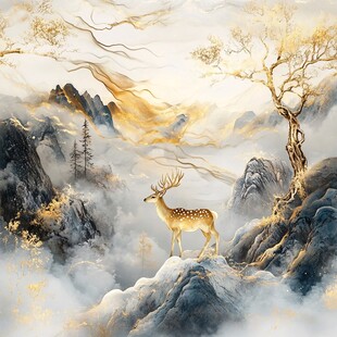 仙鹿临峰绘就灵韵山水图