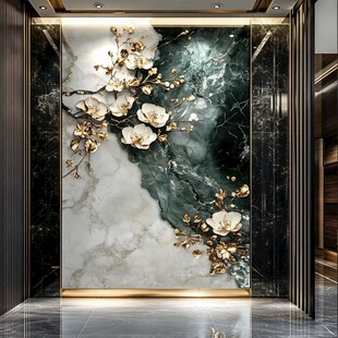 奢华玉石墙面饰以金枝白花