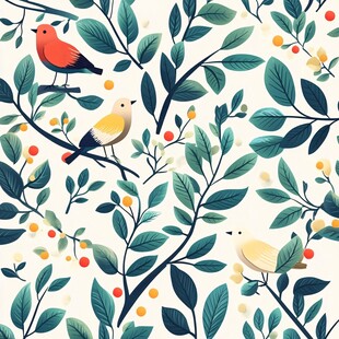 花鸟树叶图案的清新插画