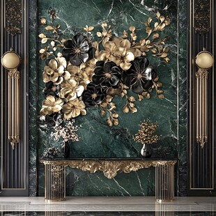 奢华绿墙饰以金黑花卉