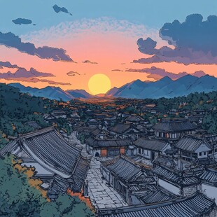 夕阳下的古村落美景