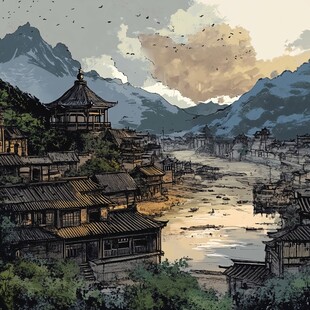 古风山水小镇的静谧景致