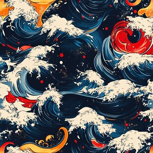 日式浮世绘风格汹涌海浪图