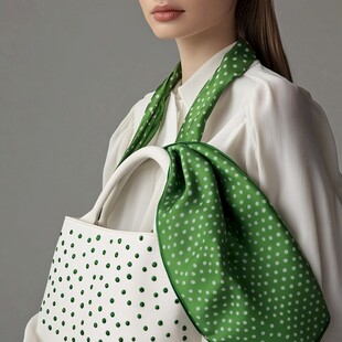 绿白波点丝巾搭配手提包