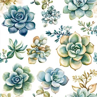水彩风多肉植物花卉图案