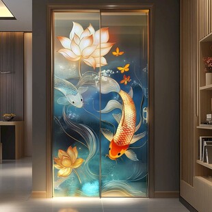 中式玄关玻璃门锦鲤莲花图