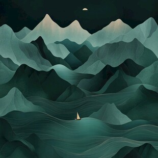 月夜山影间的孤舟之旅