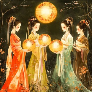 古风美人月夜持灯赏景