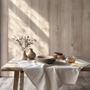 木质桌前的简约餐具摆饰