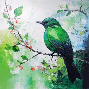 绿羽鸟栖繁花枝头