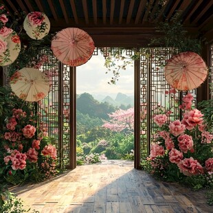 中式花亭下的诗意美景