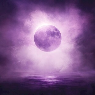 梦幻紫月悬于雾霭海面