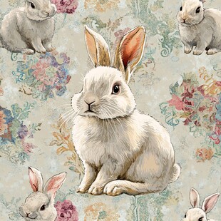 兔子花卉图案复古风壁纸