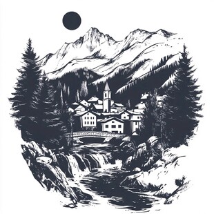 山间小镇月夜风景图