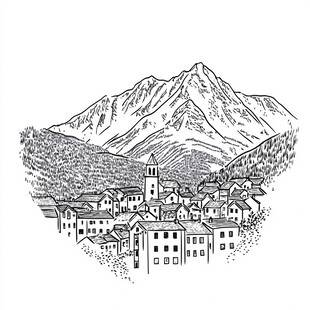 山间小镇黑白手绘景观