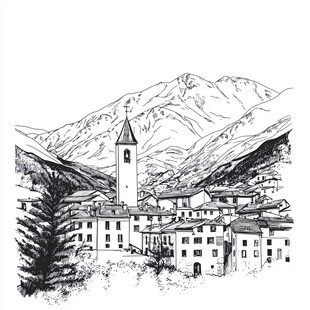 山间小镇黑白手绘风光