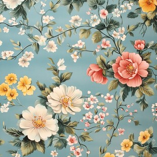 蓝底繁花复古风花卉图案