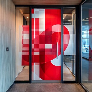 红色几何图案玻璃门设计