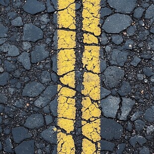 破损路面上的双黄线