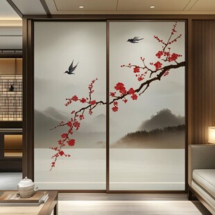 中式梅花飞鸟移门装饰画