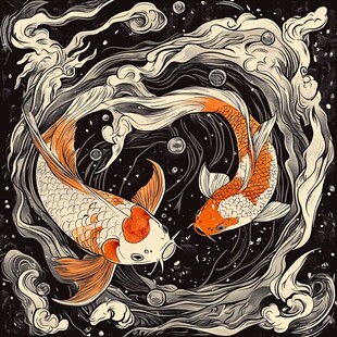 双鲤游于云水间