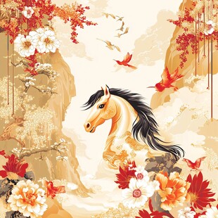 骏马繁花间 瑞鸟伴山川