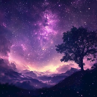 梦幻星空下的孤树与山峦