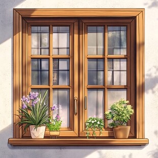 木质窗台上的缤纷盆栽