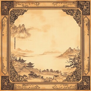 中式古典山水边框插画