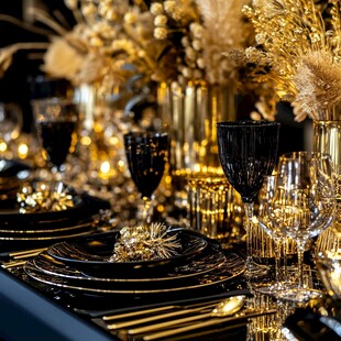 奢华黑金风宴会餐桌布置