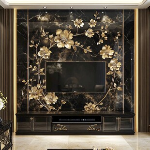奢华黑金花卉电视背景墙