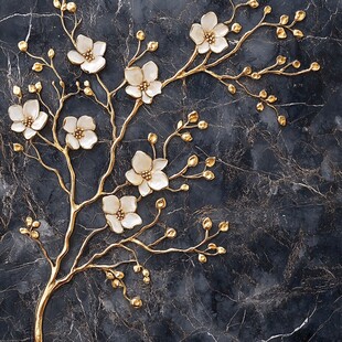金色花枝装饰于大理石背景