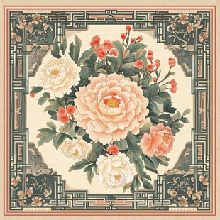 中式牡丹花卉边框装饰图
