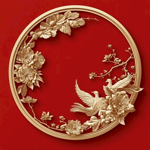中式金雕花鸟圆形装饰图