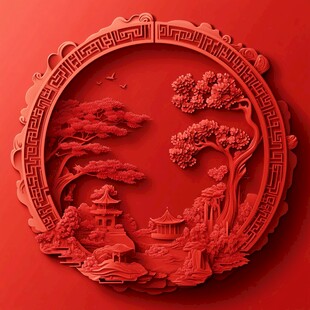 中式红雕圆形山水景观图
