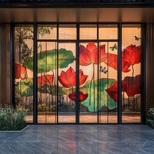 中式莲花艺术玻璃门窗