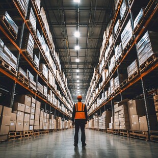 仓库工人在货架间的身影