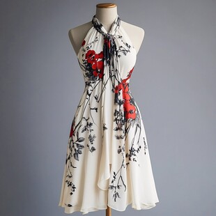 中式印花挂脖连衣裙展示