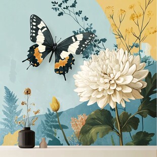 蝴蝶伴花的唯美墙饰画面