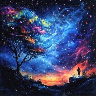 梦幻星空下的孤独身影