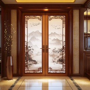 中式山水双开实木入户门