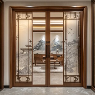 中式双开玻璃雕花入户门