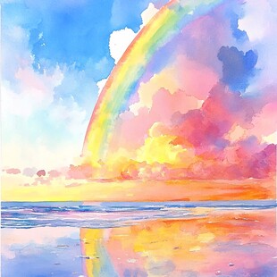 海边彩虹梦幻水彩画景
