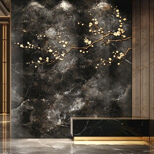 新中式黑金梅花大理石背景墙