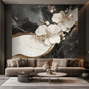 奢华大理石花卉背景墙客厅