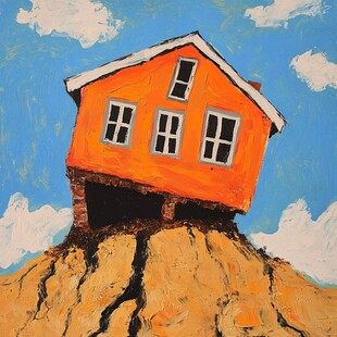 橙色小屋立于开裂土坡上