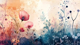 梦幻水彩花卉田园风景图