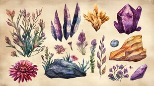 水彩绘矿石与花卉集合