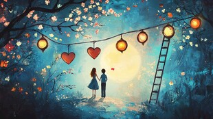 浪漫月夜下的情侣甜蜜时刻
