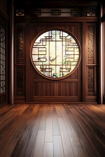 中式古风圆窗木质房间